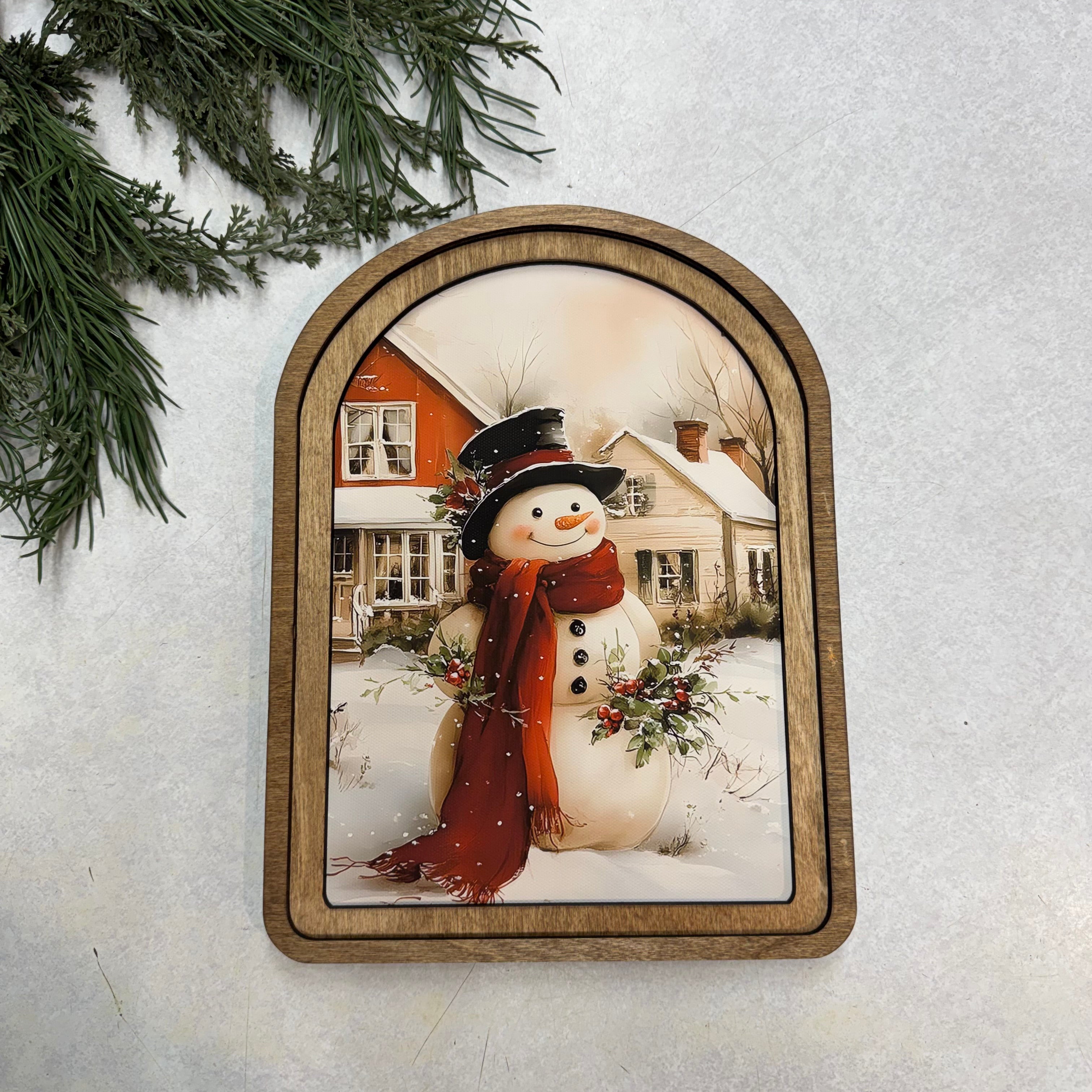 Arch Top Cozy Christmas Snowman Framed Art: 8.25x11"