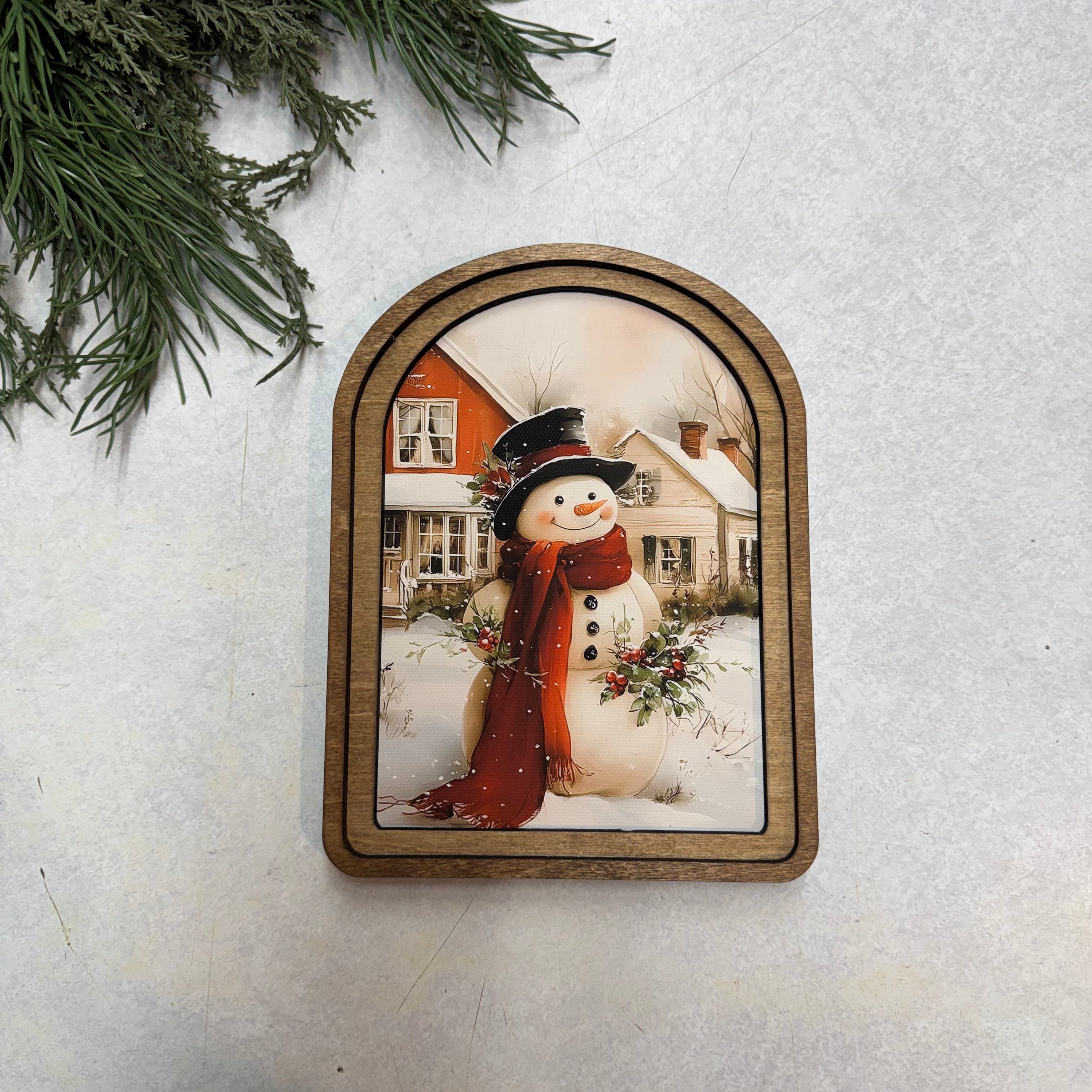 Arch Top Cozy Christmas Snowman Framed Art: 6x8"
