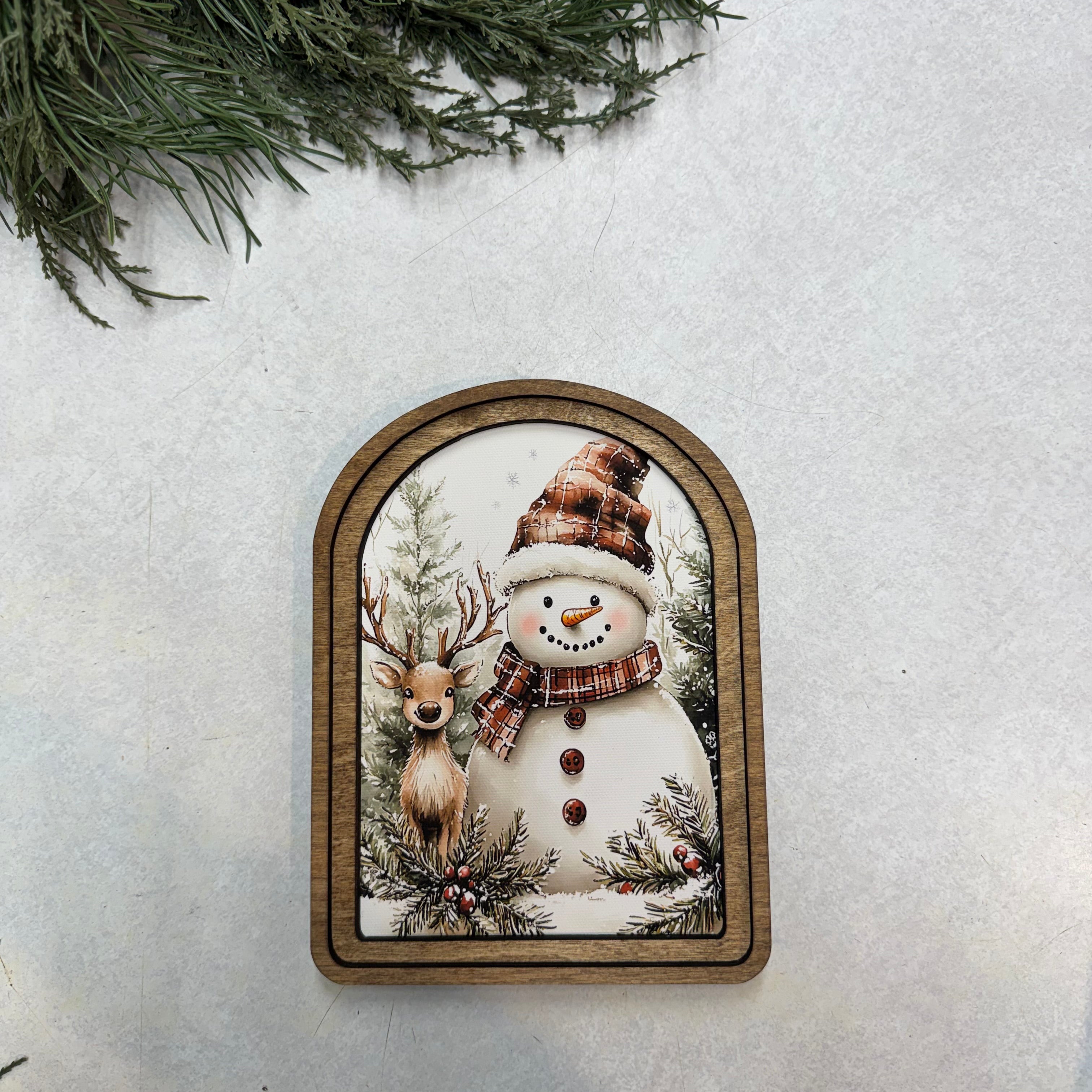 Arch Top Snowman Deer Framed Art: 6x8"