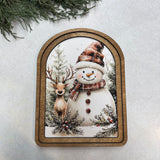 Arch Top Snowman Deer Framed Art: 8.25x11"