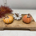 Three decorative miniature pumpkins in orange, white, and orange tones arranged on a wooden board, with a blurred neutral background.